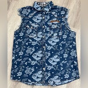 2XL Rock Roll-n-Soul Chambray Floral Skulls Sleeveless Vest Button Front Skulls